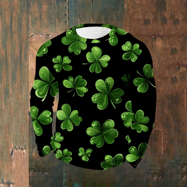Ceisia Men's St. Patrick's Day Black Shamrock All-Over Waffle Knit Top | Long Sleeve Crew Neck Casual Tee Gifts