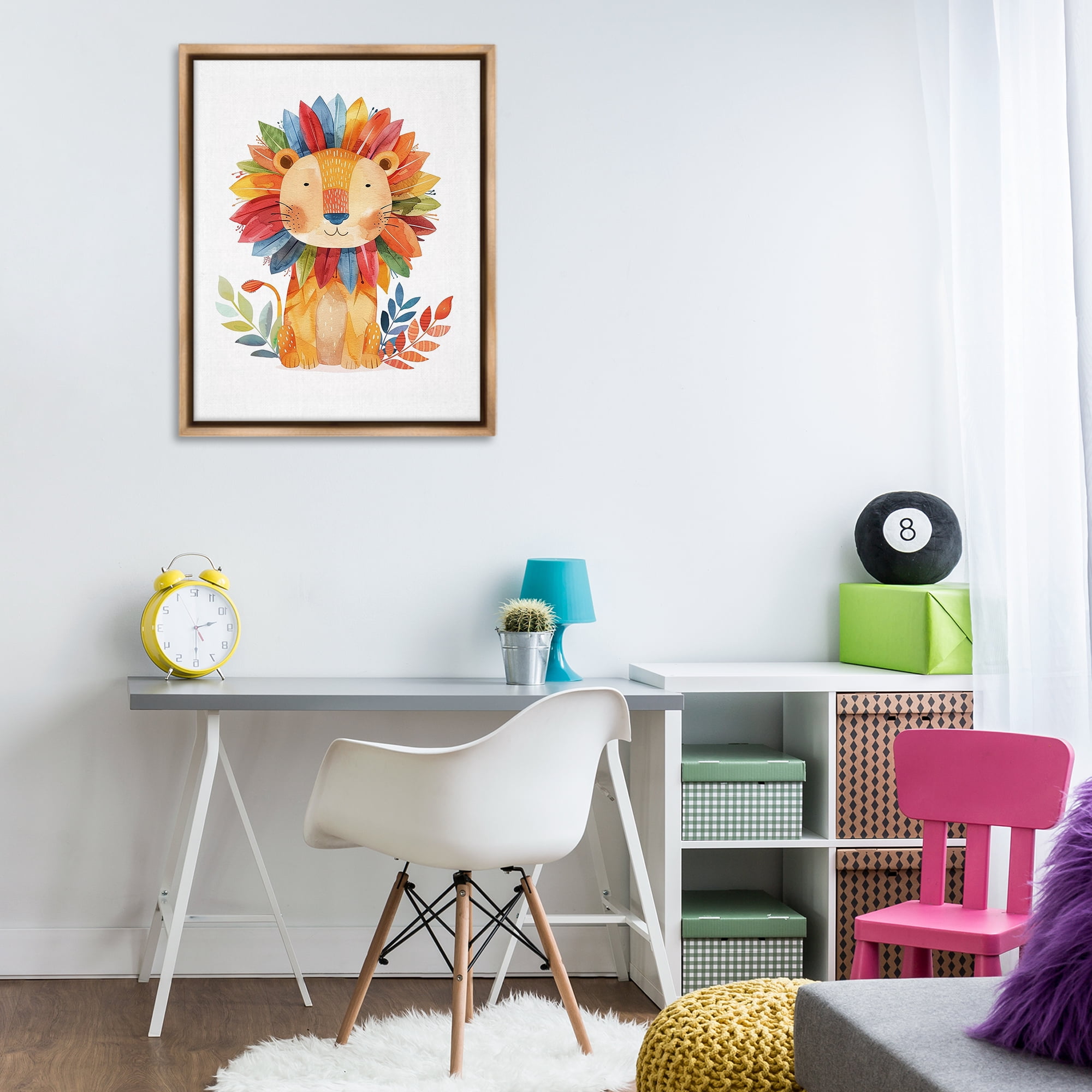 Stupell Industries Rainbow Blooms Lion Animals Painting Brown Floater Framed Canvas Art Print Wall Art, 25 x 31