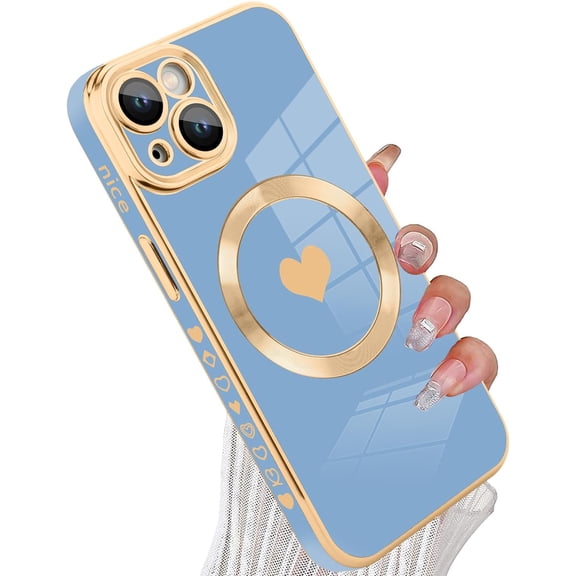 Magnetic Shockproof for iPhone 13 Case [Compatible with Magsafe] Cute Love Luxury Plating Edge Bumper Case with Full Camera Lens Case for iPhone 13 Phone Case, Blue (6.1")