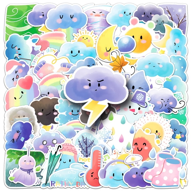 Pegatinas con bonitos dibujos animados sobre el clima, nube, sol y luna, 50 unidades