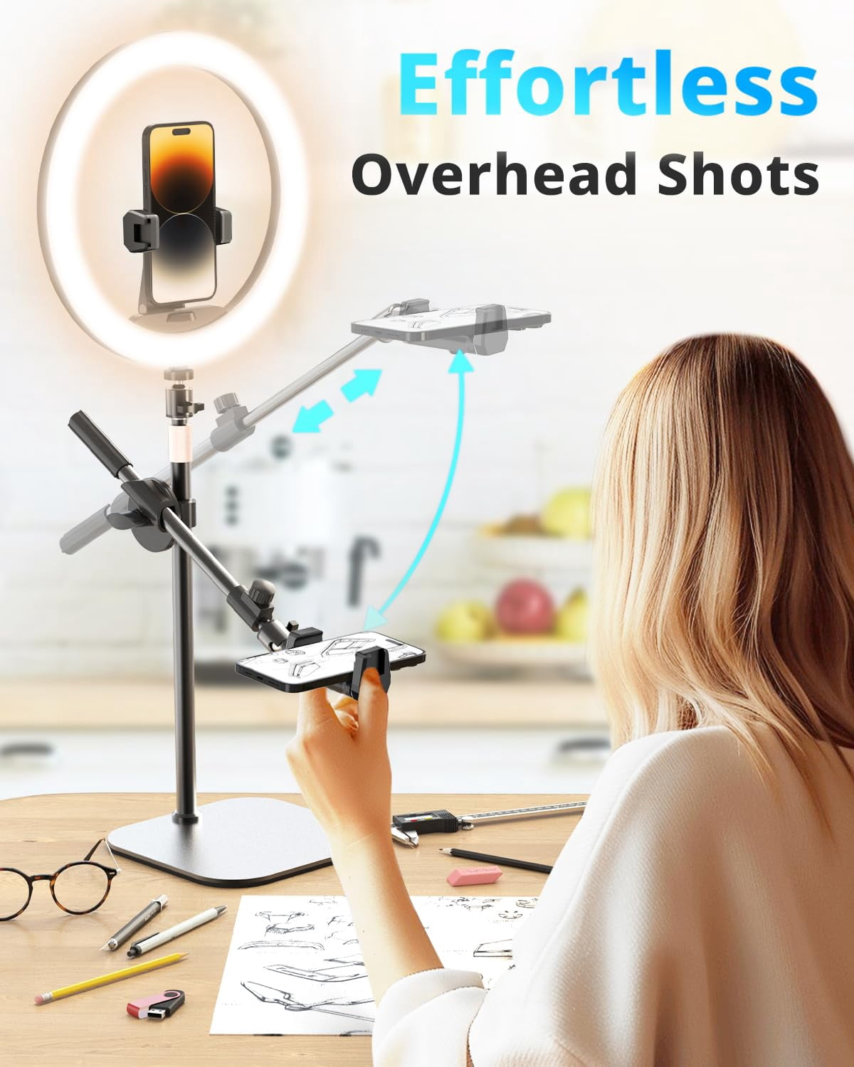 12" Desk Ring Light With Stand And Phone Holder  Overhead Mount For Video Recording Zoom Meeting Live Streaming Compatible Android Cameras