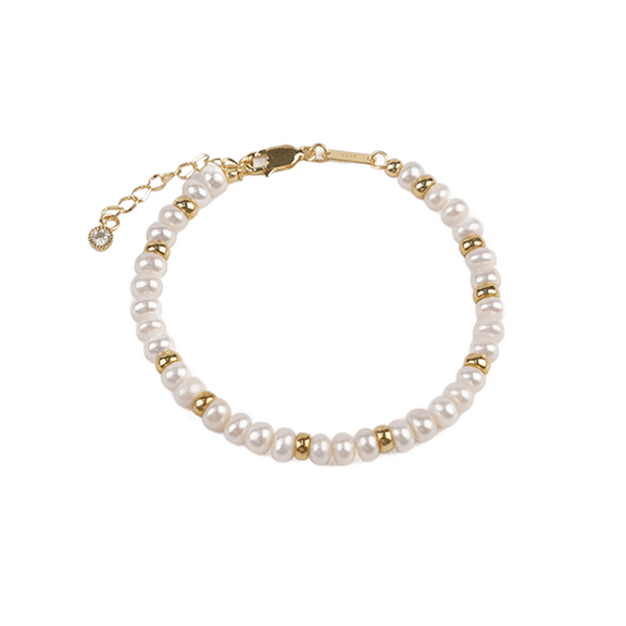 Elegant Silver & Freshwater Pearl Bracelet for Women, Adjustable Chain with Gold Beads & Crystal Charm Bridal Wedding Party Fashion Jewelry Gift