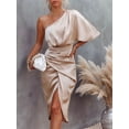 thumbnail image 4 of Osfvolr Women'S Satin Dress One Shoulder Flutter Short Sleeve Ruched Bodycon Wrap Cocktail Wedding Guest Dresses Gold S, 4 of 5