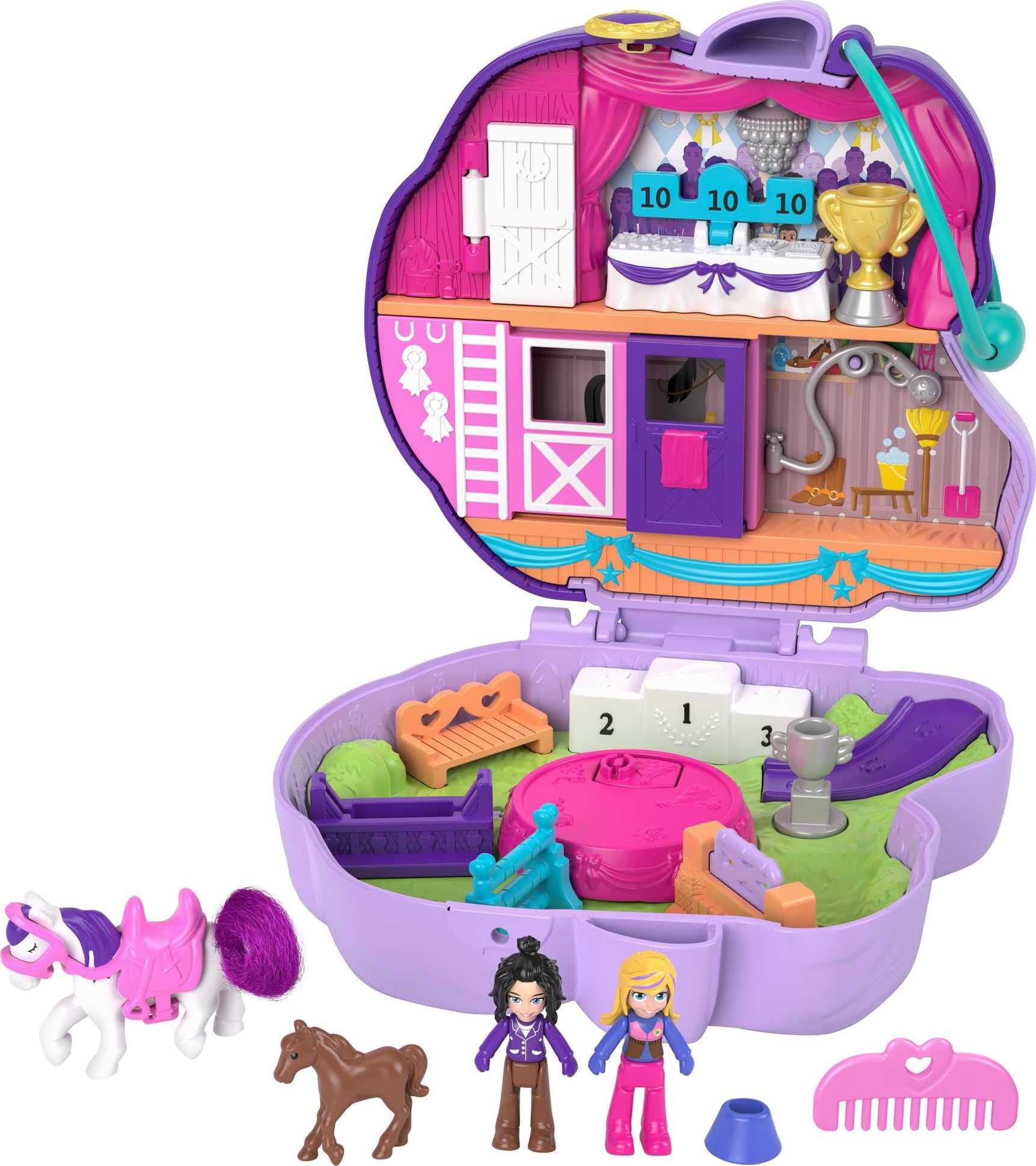 Polly Pocket Jumpin’ Style Pony Compact with Horse Show Theme, Micro Polly Doll & Friend, 2 Horse Figures (1 with Saddle & Tail Hair), Fun Features & Surprise Reveals, Great Gift for Ages 4 & Up