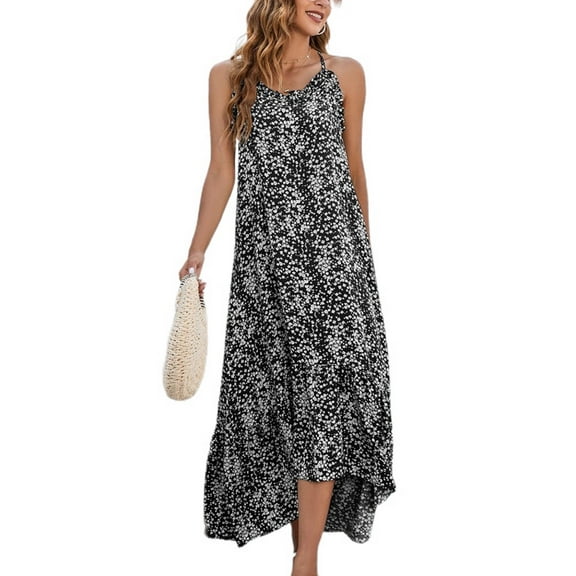 SWSMCLT Women's Beach Sundress Peasant Fashion Casual Ruffle Long Dresses Boho Floral Printed Assymetric Sleeveless Cami Halter Summer Swing Flowy Black X-Large