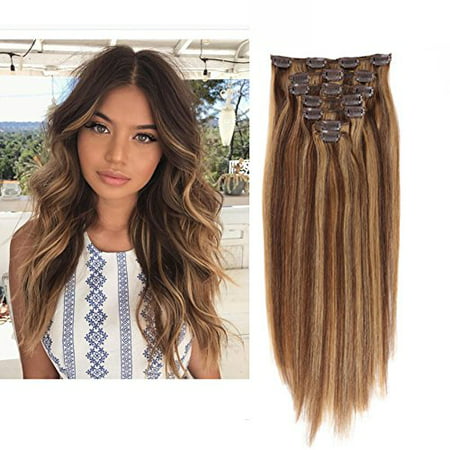 Clip in Human Hair Extensions Full Head Set 7 Pieces Set Longer Length