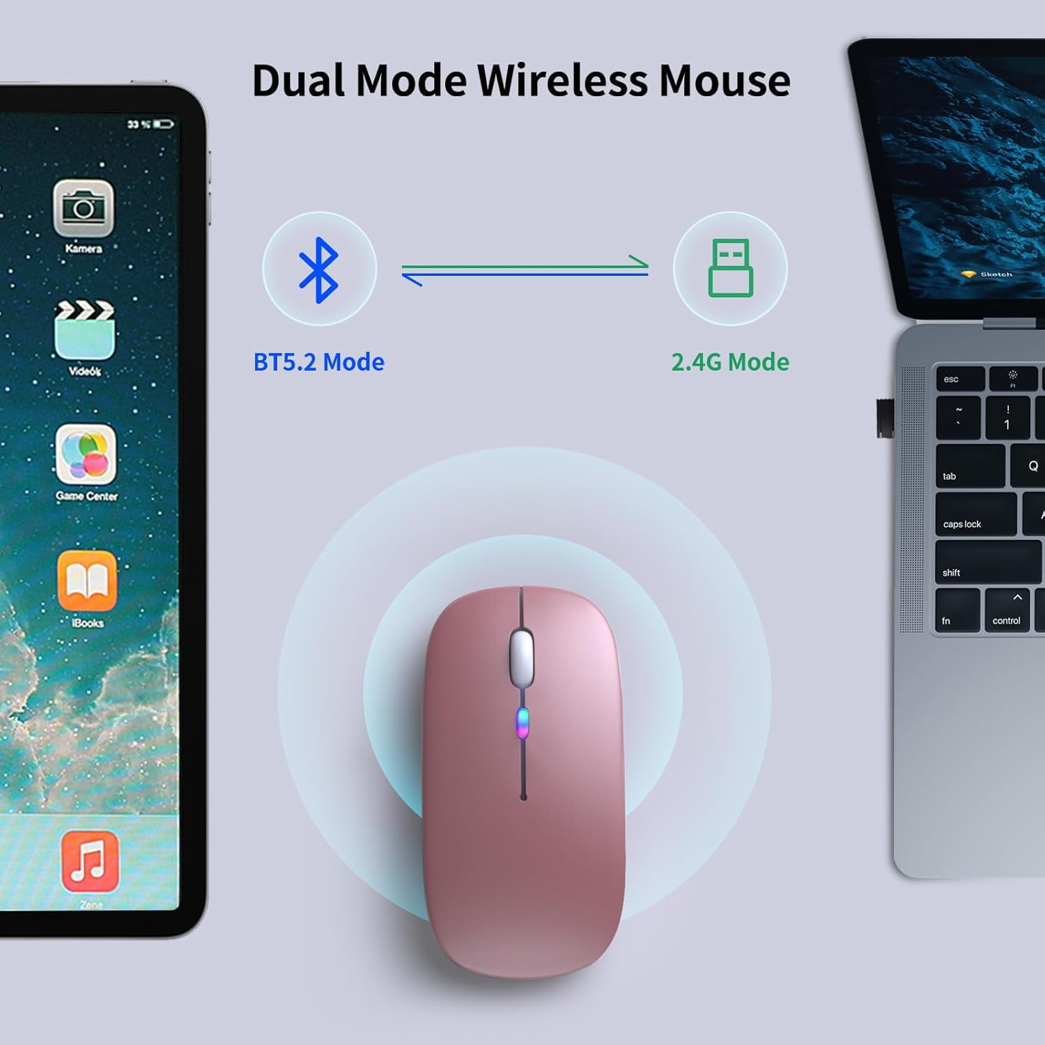 Wireless Bluetooth Mouse – Rechargeable, Silent, Dual Mode (Bluetooth 5.2 & USB) with LED Lights – Portable for Laptop, Desktop, & Tablet(Black)