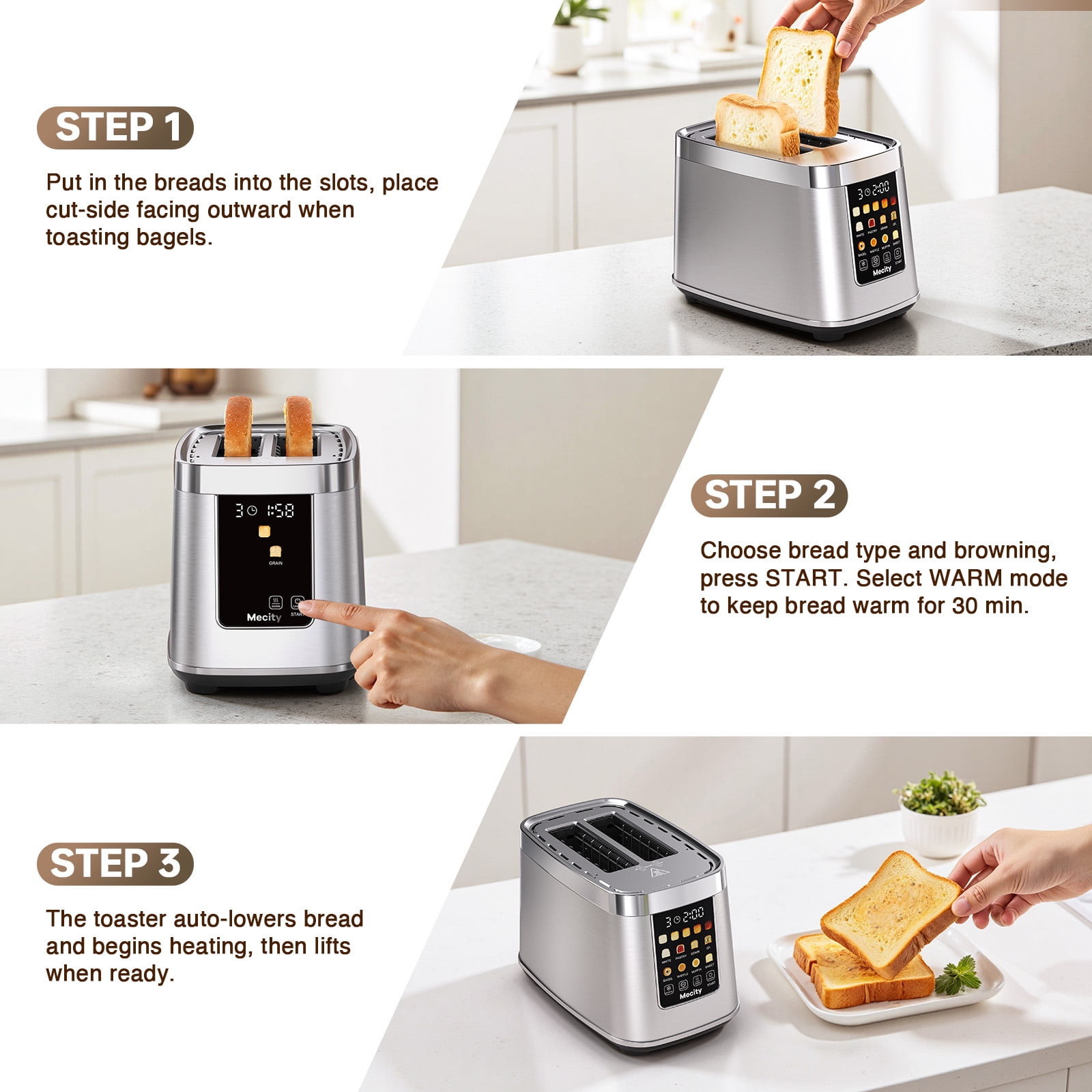 Mecity Touch Screen Toaster with Automatic Lift & Keep Warm – 2 Slice Smart Toaster, 5 Browning Levels, 8 Bread Programs, Luxury Stainless Steel Design, 1200W, Silver