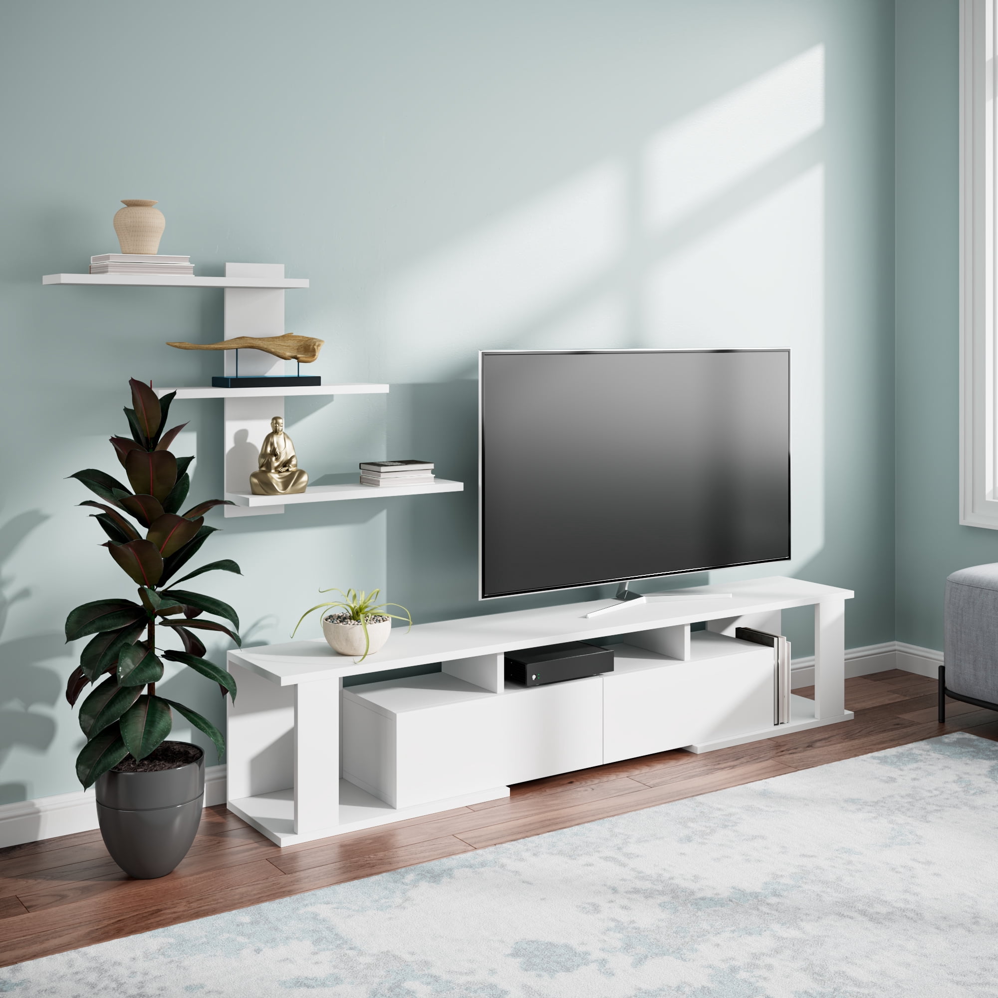 Ada Home Decor Rockeby 4 Tier TV Stand with Doors for TVs up to 70", White