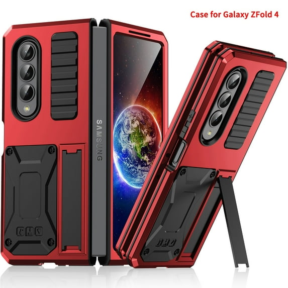 SaniMore for Samsung Galaxy Z Fold 4 7.6" 2022 Tri-layer Case with Wireless Charging Tempered Glass Screen Protector Hidden Bracket Drop Resistant Heavy Duty Protective Case for Galaxy Z Fold 4, Red