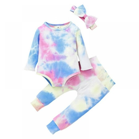 

3 PCS Newborn Toddler Baby Girl Tie-dye Cotton Long Sleeve Buttons Romper Top+Pants+Headband Fall Tracksuit Outfits Set 0-18M