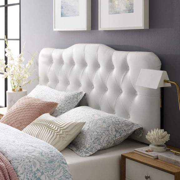 Annabel Tufted Button Faux Leather Upholstered Full Headboard in White