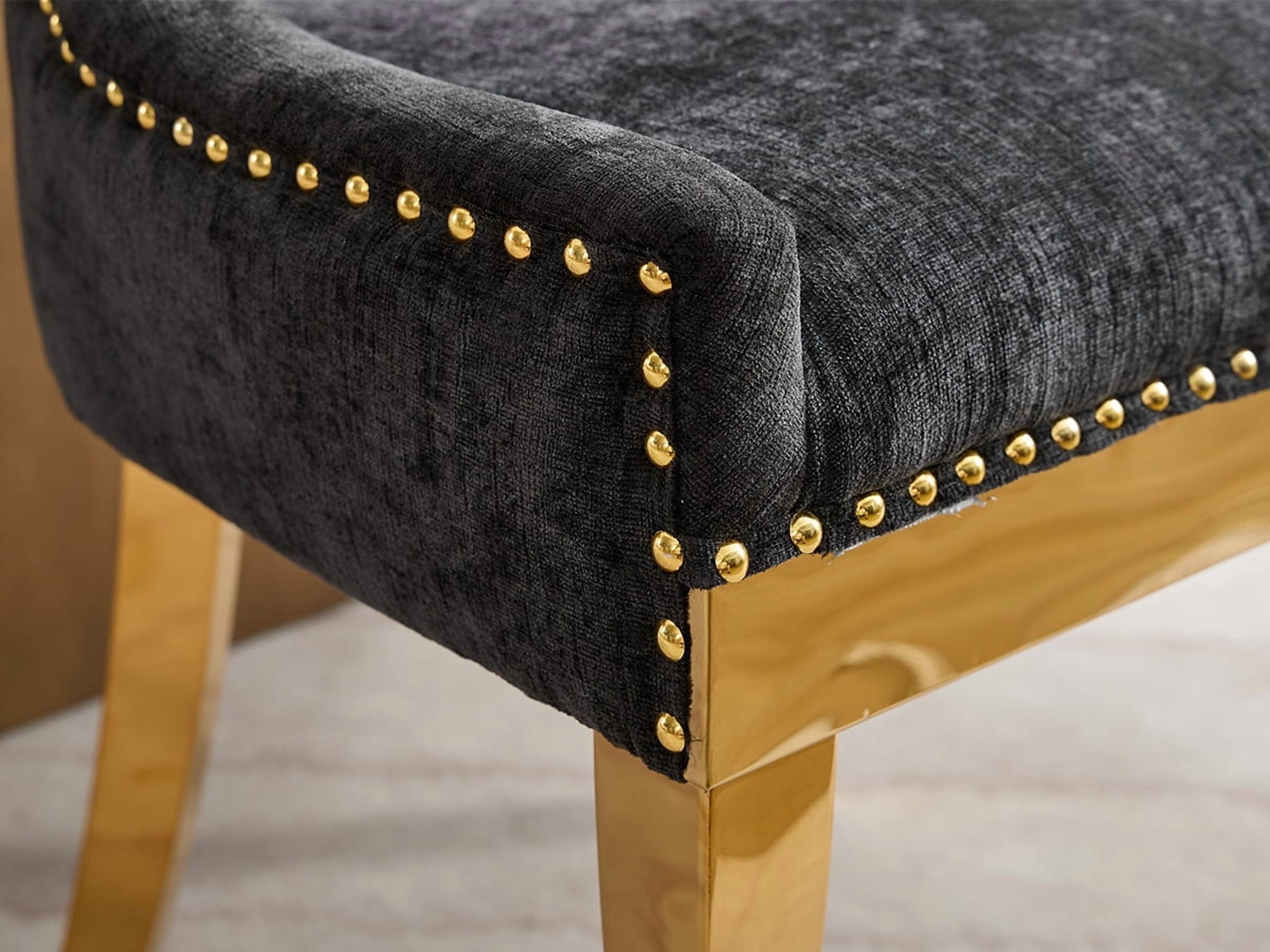 Dining Chairs Set of 2, Kitchen & Dining Room Chairs, Chenille Fabric Upholstered Dinning Chairs, Sillas De Comedor, Nailhead Trim, Metal Legs (Black, 2 Pcs)