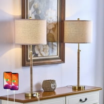 Maxax Adjustable Rattan Buffet Table Lamps, 26" - 33" Tall Farmhouse Bedside Lamps with USB A C Ports, Gold Metal Base for Living Room or Bedroom