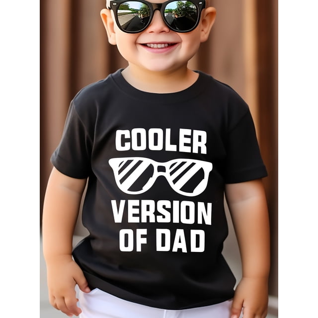 Camiseta de algodón para niño - "Papá, una versión más cool"; estampado gráfico, negra con letras blancas, ligera, de verano, manga corta, cuello redondo, informal, lavable a máquina.