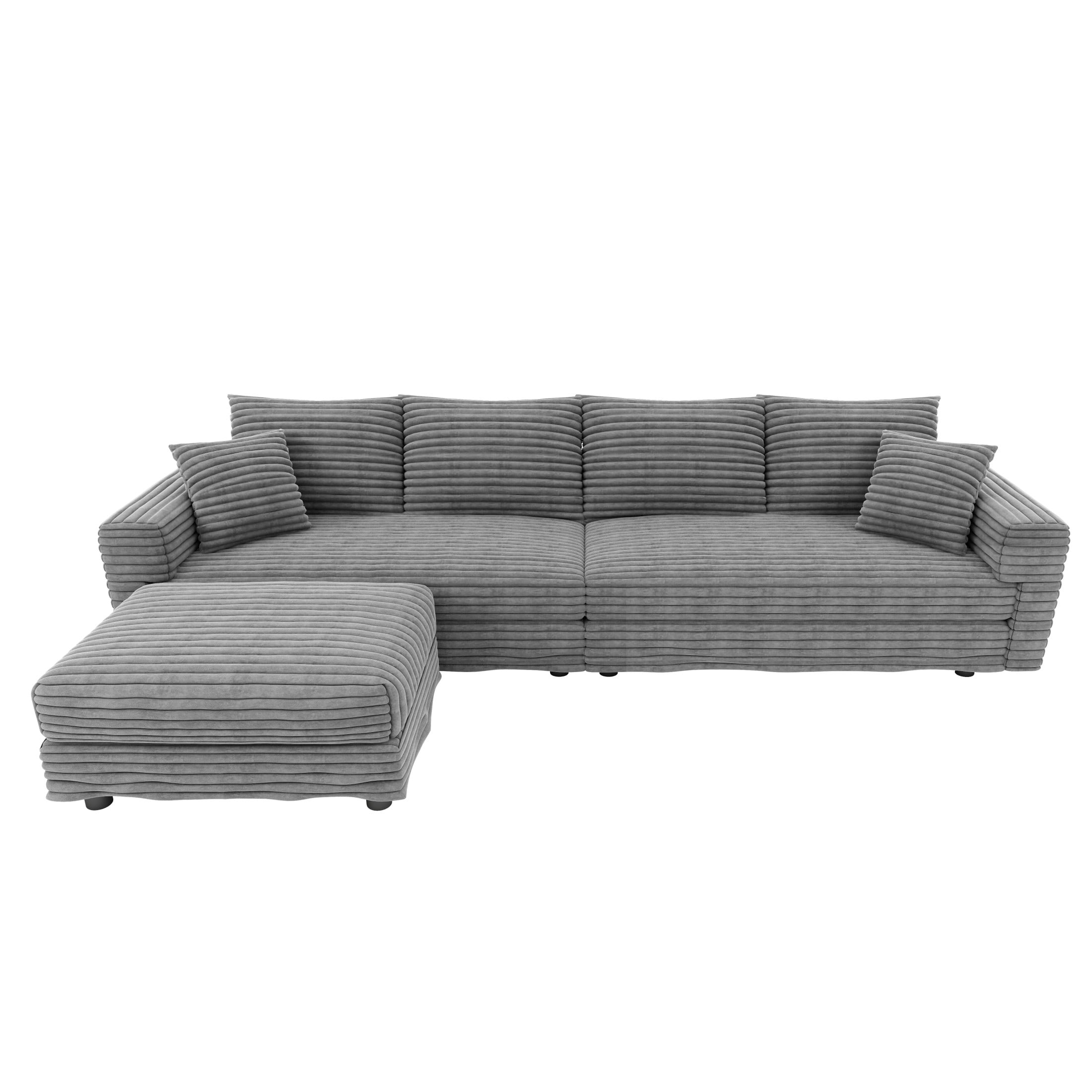 Noble House Nesta 4-Seat Plush Corduroy Cloud Sofa, Convertible Deep Seat Lounge Couch with Ottoman & Soft Pillows, Grey