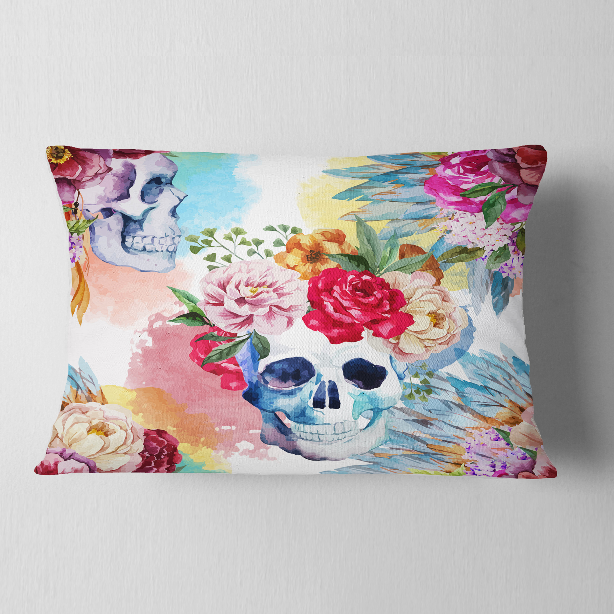 Designart Ethnic Skull with Flowers - Floral Throw Pillow - 12x20