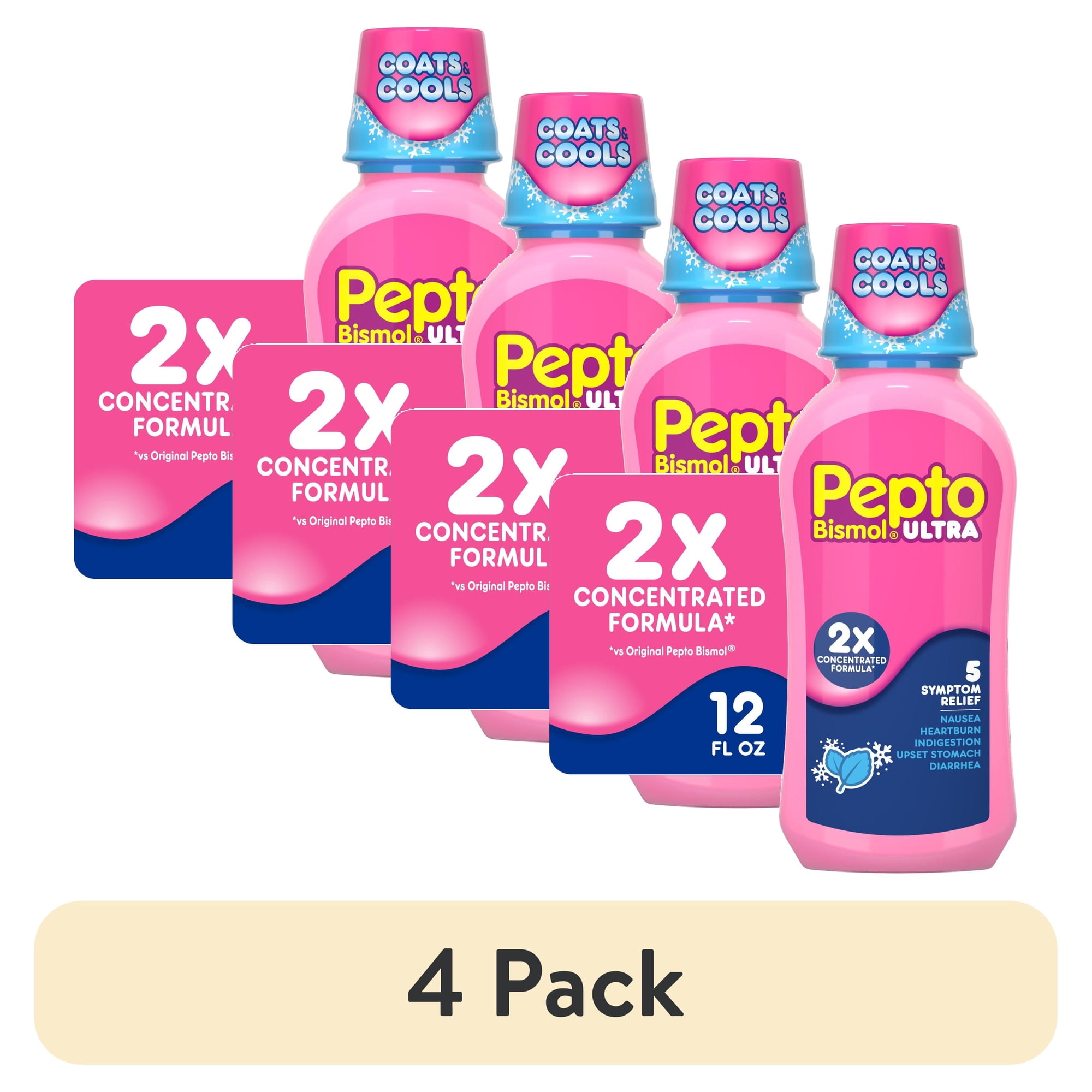 (4 pack) Pepto Bismol ULTRA Liquid, Upset Stomach Relief, Anti-Diarrheal, Mint, 12 Fl oz
