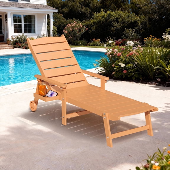 AwayHome HIPS Outdoor Chaise Lounge with Rolling and Adjustable Backrest, Teak