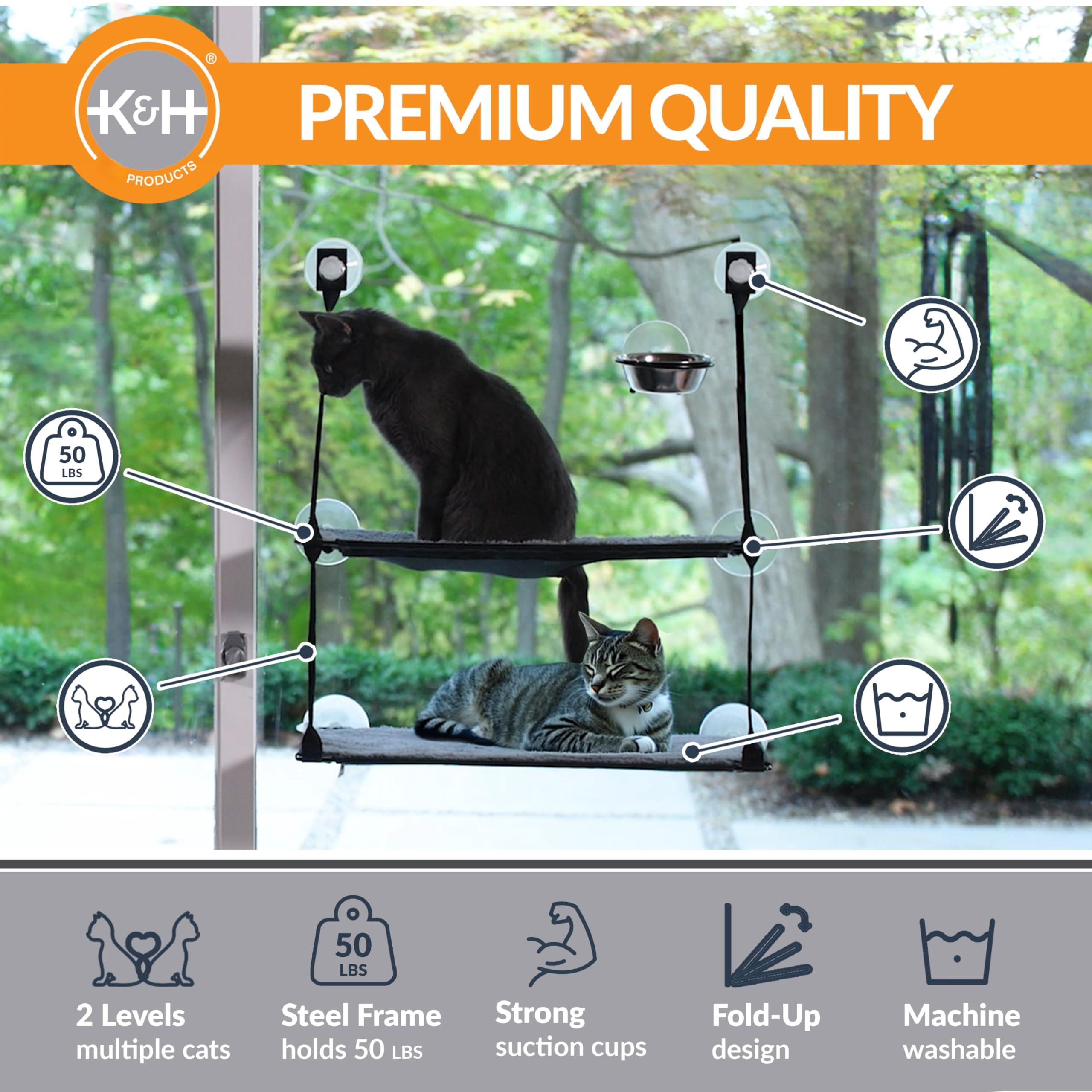 Ez Mount Double Stack Cat Window Perch For Large Cats  Sturdy Hammock Bed Steel Frame Suction Cups 2 Washable Shelf Covers Foldable - Fits 27"w X 31"h Glass Spaces