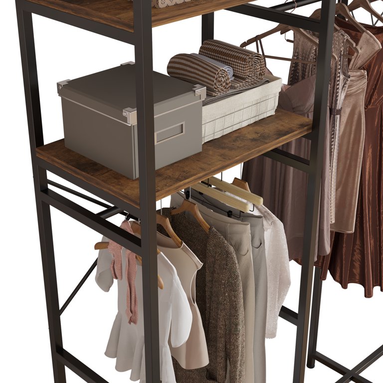 Tribesigns Freestanding Closet Organizer, Industrial 3 Rod Garment Rack  with 4-Tier Storage Shelf, Rustic Wardrobe Rack Clothes Rack for Hanging