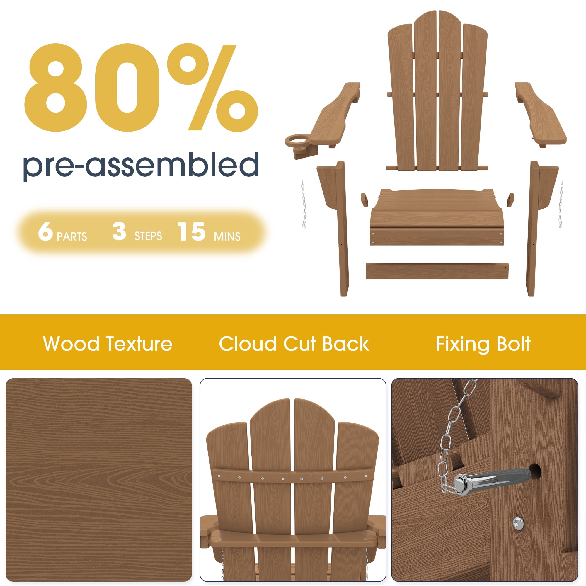 KINGYES Folding Adirondack Chair with Cup Holder, HDPE All-Weather Folding Adirondack Chair, Fir Pit Chairs for Patio Garden Backyard