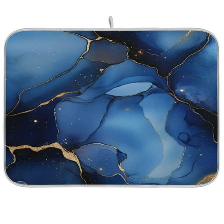 

WOBOGO Gilt Navy Blue Marbles Kitchen Drying Mat Heat Resistant Drainage with Non-Slip Rubber Backing Hides Stains Super Absorbent Easy to Clean 18×24in