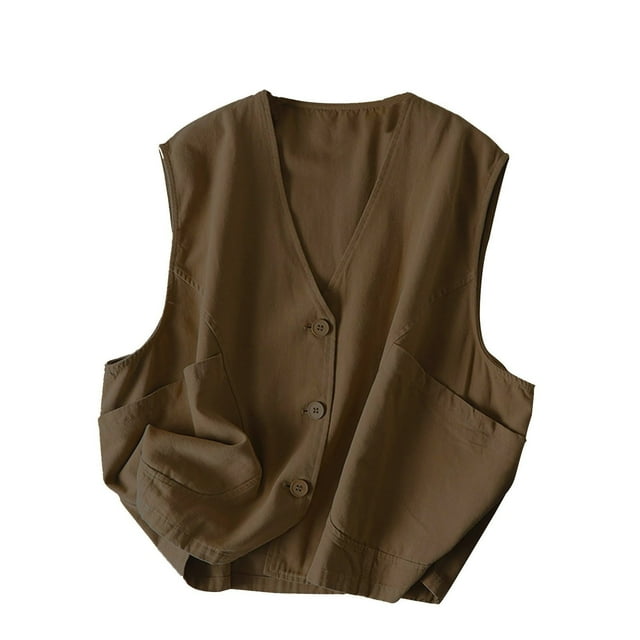 Timegard Débardeur pour Femmes Sans Manches Boutonné Col en V Vintage Veste Décontractée avec Poche