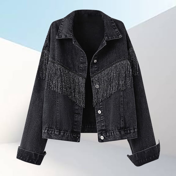 Women Vintage Loose Tassel Short Denim Jacket Streetwear Female Lapel Retro Coat Womens Coats Winter Jacket with Hoodie Women plus Size Womens plus Size Ski Wear Women's Winter Jacket Anorak plus Size