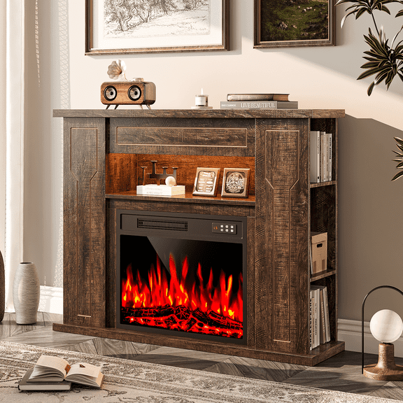 Waleaf 43" Electric Fireplace Mantel with LED Lights, Freestanding Media Console & TV Stand for Living Room, Modern Farmhouse Heater with 7 Flame Colors & Adjustable Storage, Dark Oak