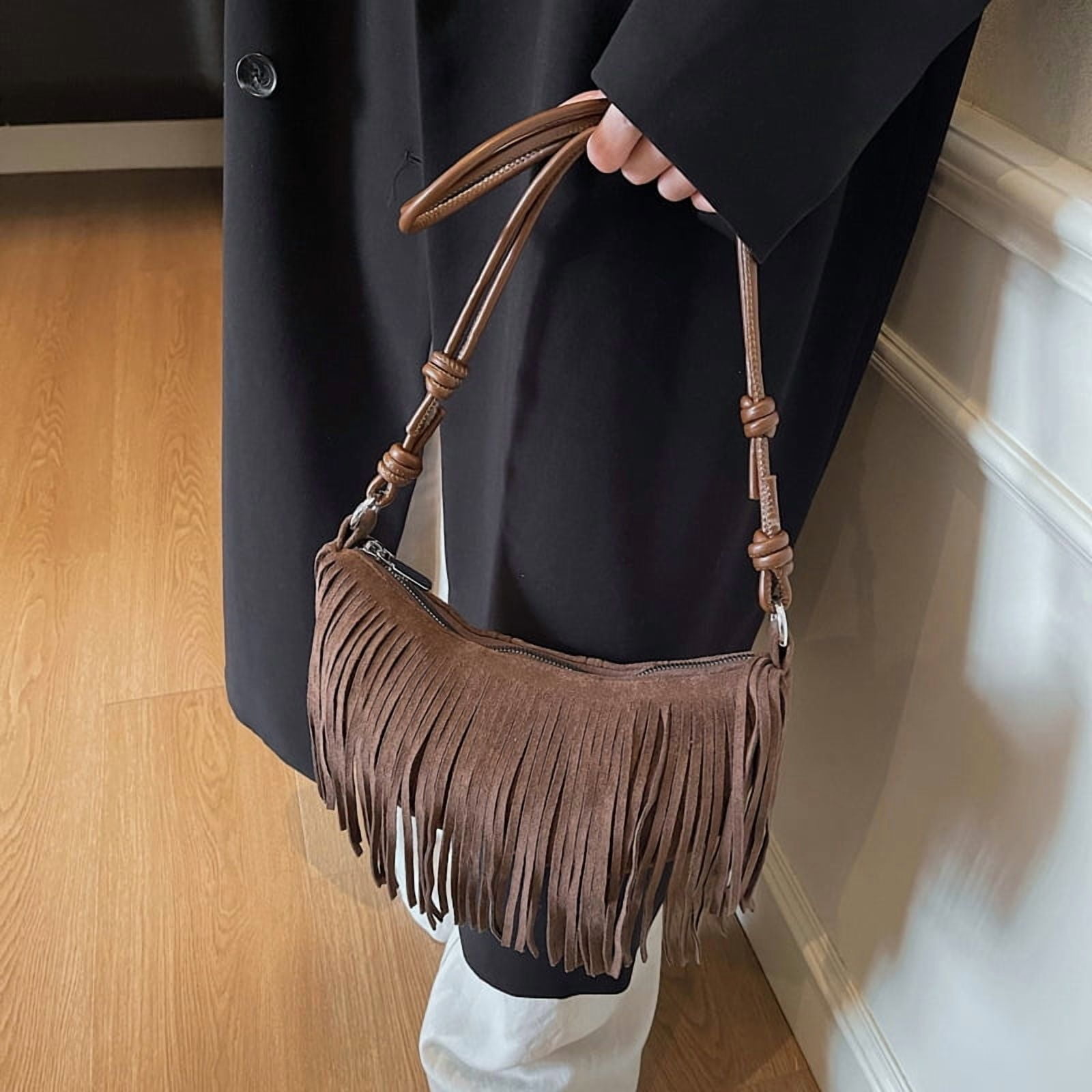 Baguery Vintage Suede Fringe Bag for Women - Y2k Boho Chic Crossbody Dumpling Purse Trendy Shoulder Handbag (10×4×7in)​
