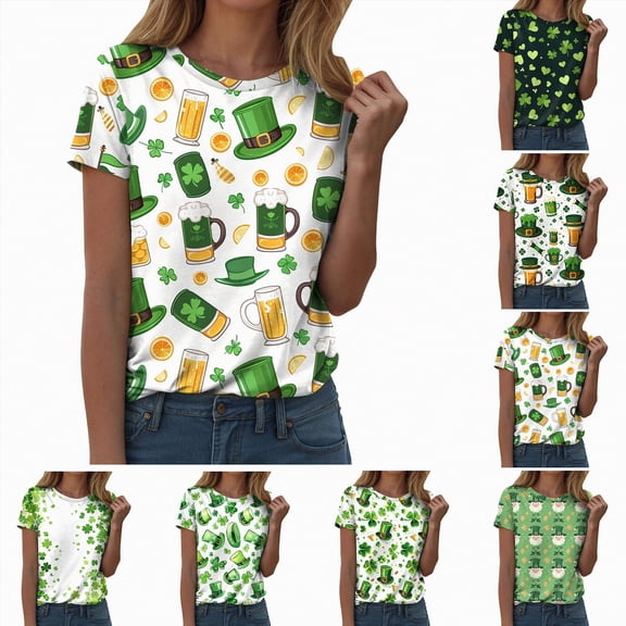 larppty St Patricks Day Shirt Women Short Sleeve Crew Neck Irish Shamrock Tops Loose Fit Luck Leaf Clover Patricks Shirt (Dark Green, S)