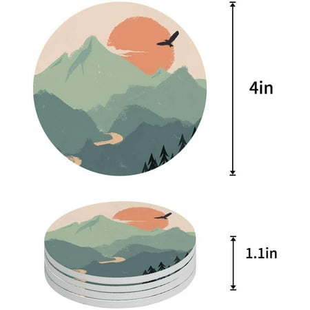

FMSHPON Mountain Peak Lake and Sunset Set of 4 Round Coaster for Drinks Absorbent Ceramic Stone Coasters Cup Mat with Cork Base for Home Kitchen Room Coffee Table Bar Decor