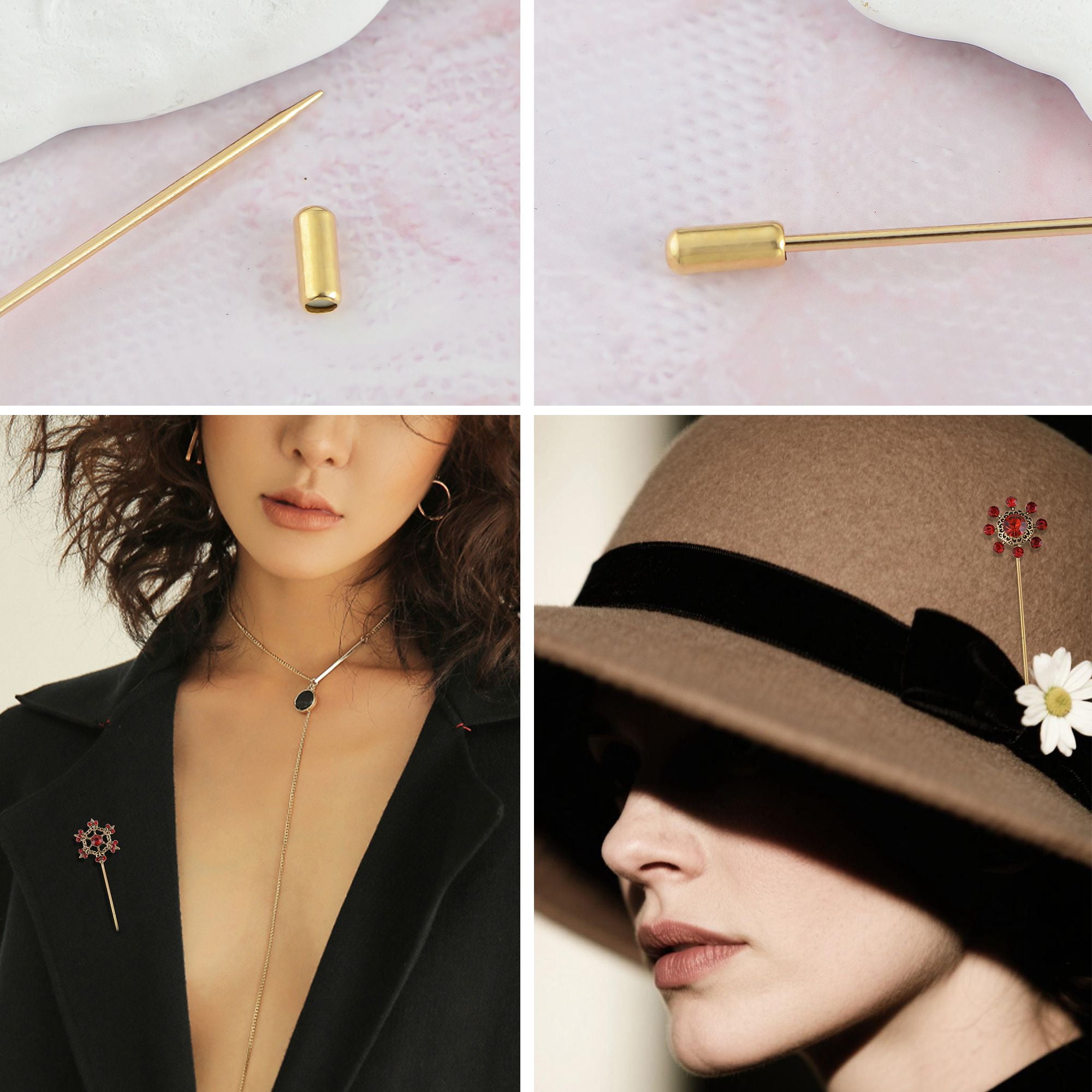 Vintage 3Pcs Long Stick Hat Pins Crystal Flower Butterfly and Pearl Details for Classic Hat Lapel and Scarf Accessorizing - 3pcs Flower