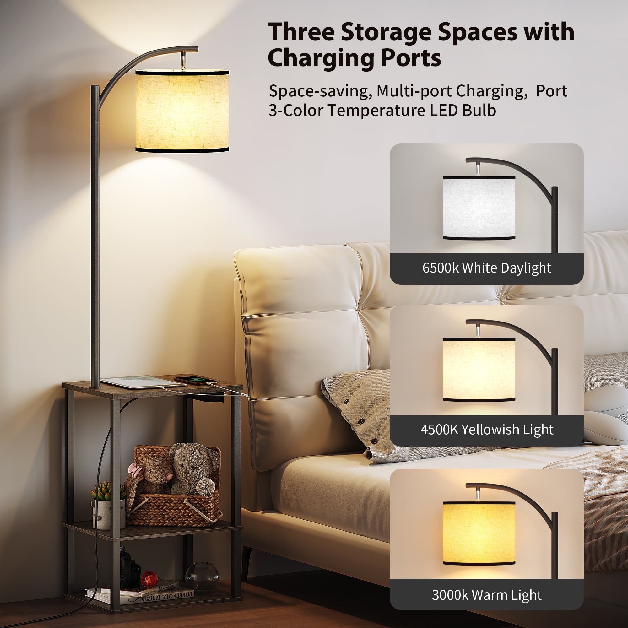 SUNMORY Floor Lamp with Table Lamps for Living Room with Charging Station(USB & AC Port) Rustic End Table Lamp with Shelves & 3-Color Temperature LED Bulb Lamp Table for Living