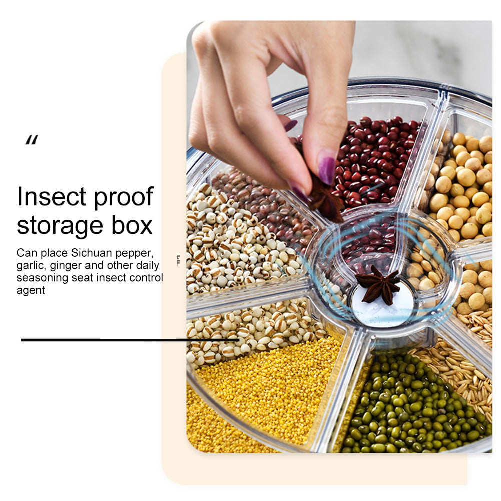 Rice and Grain Dispenser【can hold 15-20lbs】, 360° Rotating Food Storage  Container, 6-Compartment Dry Food Dispenser with Lid, Moisture Resistant
