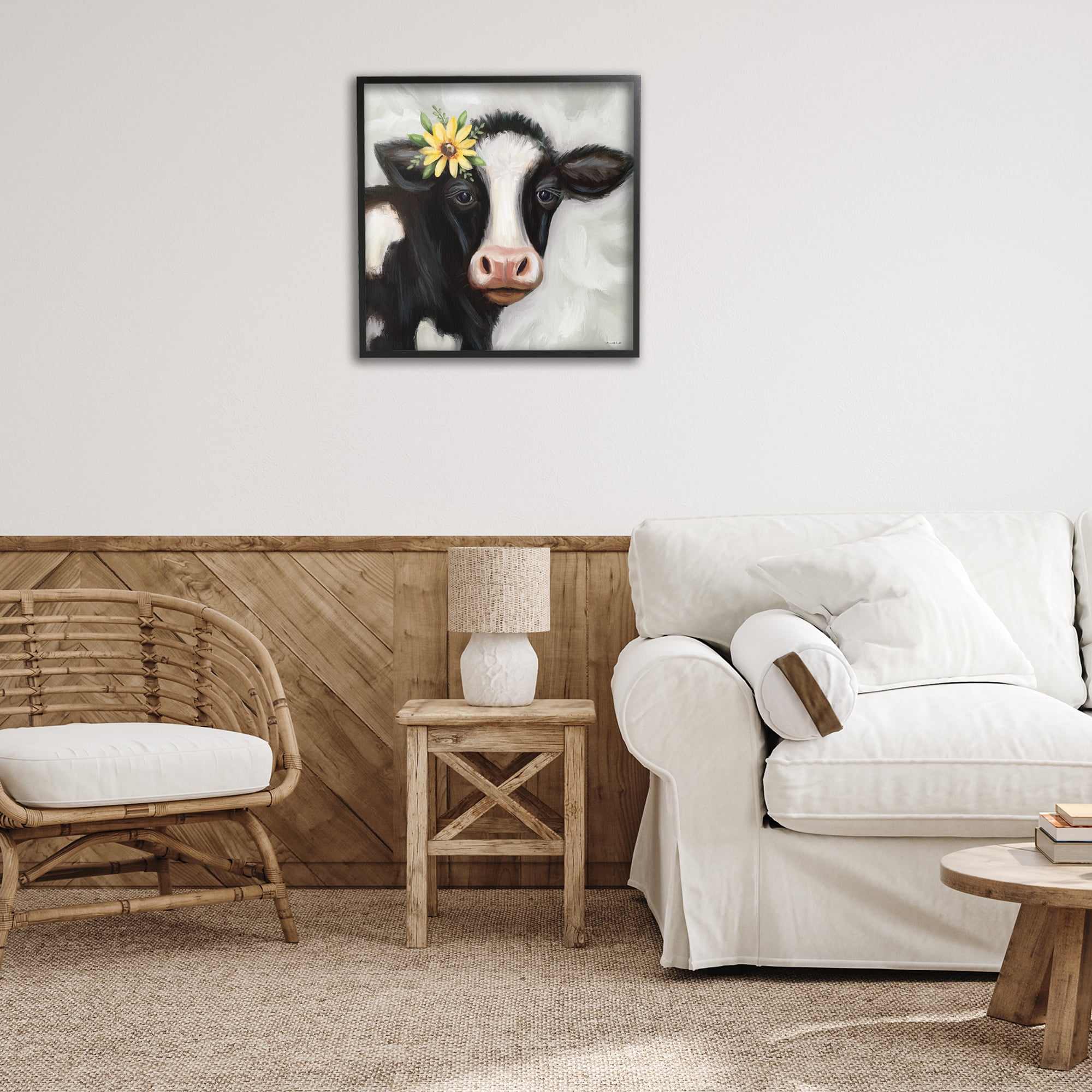 Stupell Industries Cow with Yellow Daisy Animals & Insects Painting Black Framed Art Print Wall Art, 24 x 24