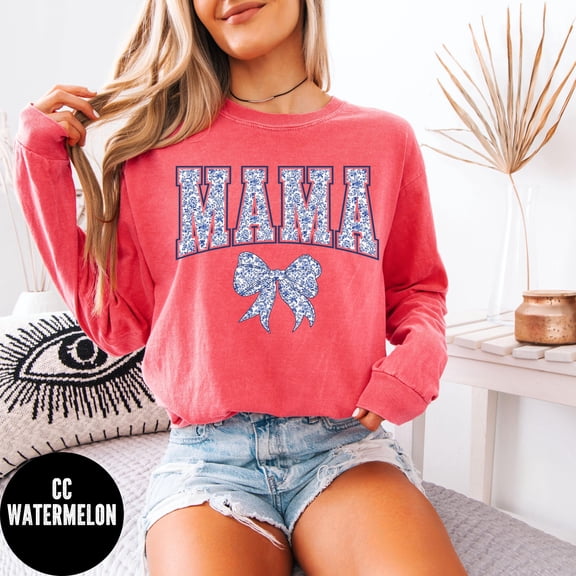 Long-sleeve Mama T-Shirt, Chinoiserie Bow Mama Shirt, Gift For Mom, Trendy Mama Tee, Coque