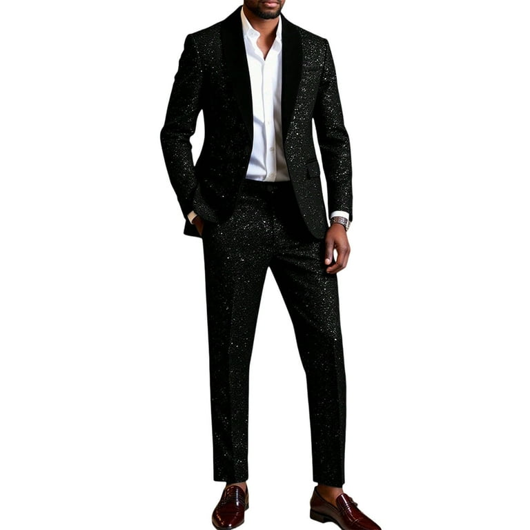 Vbtapa Mens Sequin Tuxedo 2 Piece Suit Set Slim Fit Prom Suits for Men Party Dress Suit Jacket and Pants Black XL, Women's