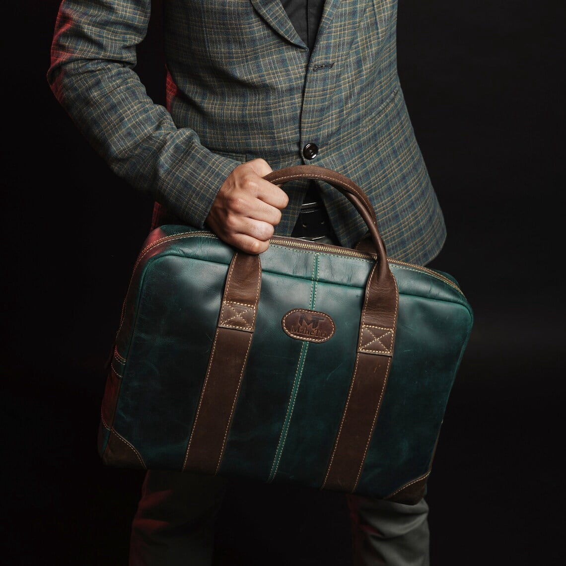 Leather Messenger Bag 16" Laptop Briefcase, Green Handbag Best Gift for Men