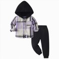 thumbnail image 2 of Zuwimk 2Pcs Kids Boys Sweatsuit Hoodie Flannel Plaid Shirt Tops and Jogger Pants for Kids Fall Winter Spring Outfits(Purple,18-24 Months), 2 of 6