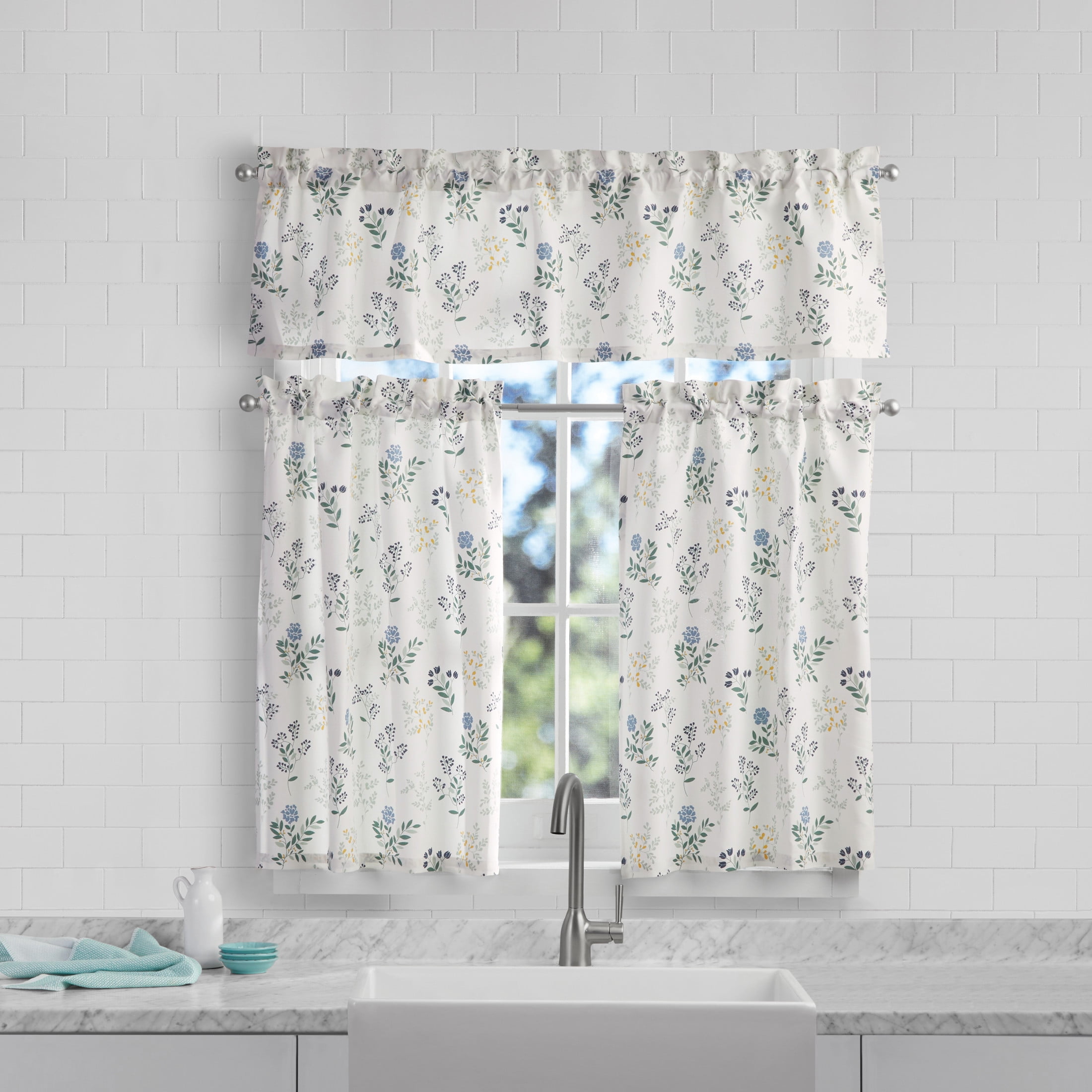 Mainstays 3 Piece Floral Multi Printed Curtain Tier Set, 56"W x 14"L