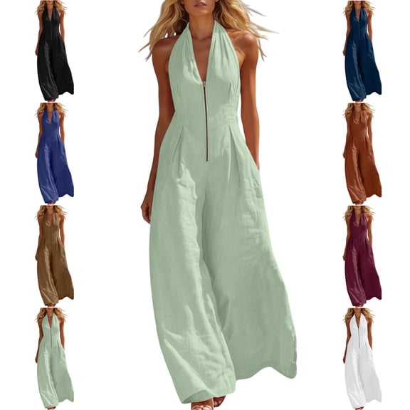 MLCDZ Women's Zip Up Wide Leg V Neck Sleeveless One Piece Jumpsuit Dressy Casual Lightweight Breathable Summer Outdoor Activities Rompers with Pockets