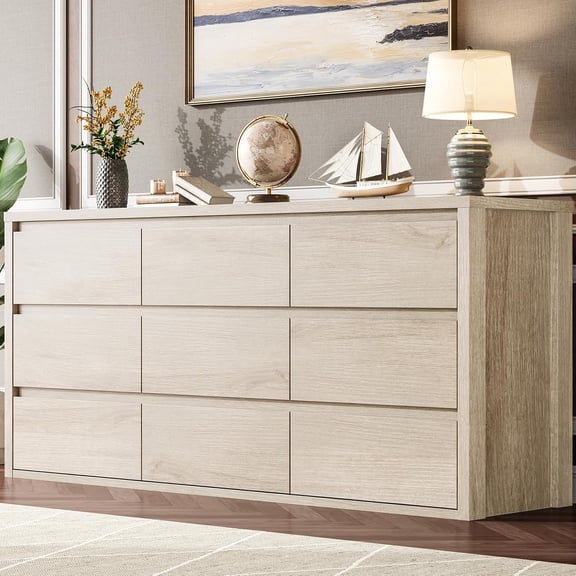9 Drawer Dresser Wide Wooden Chest of Drawers with Handle-Free Design for Bedroom and Living Room Oak