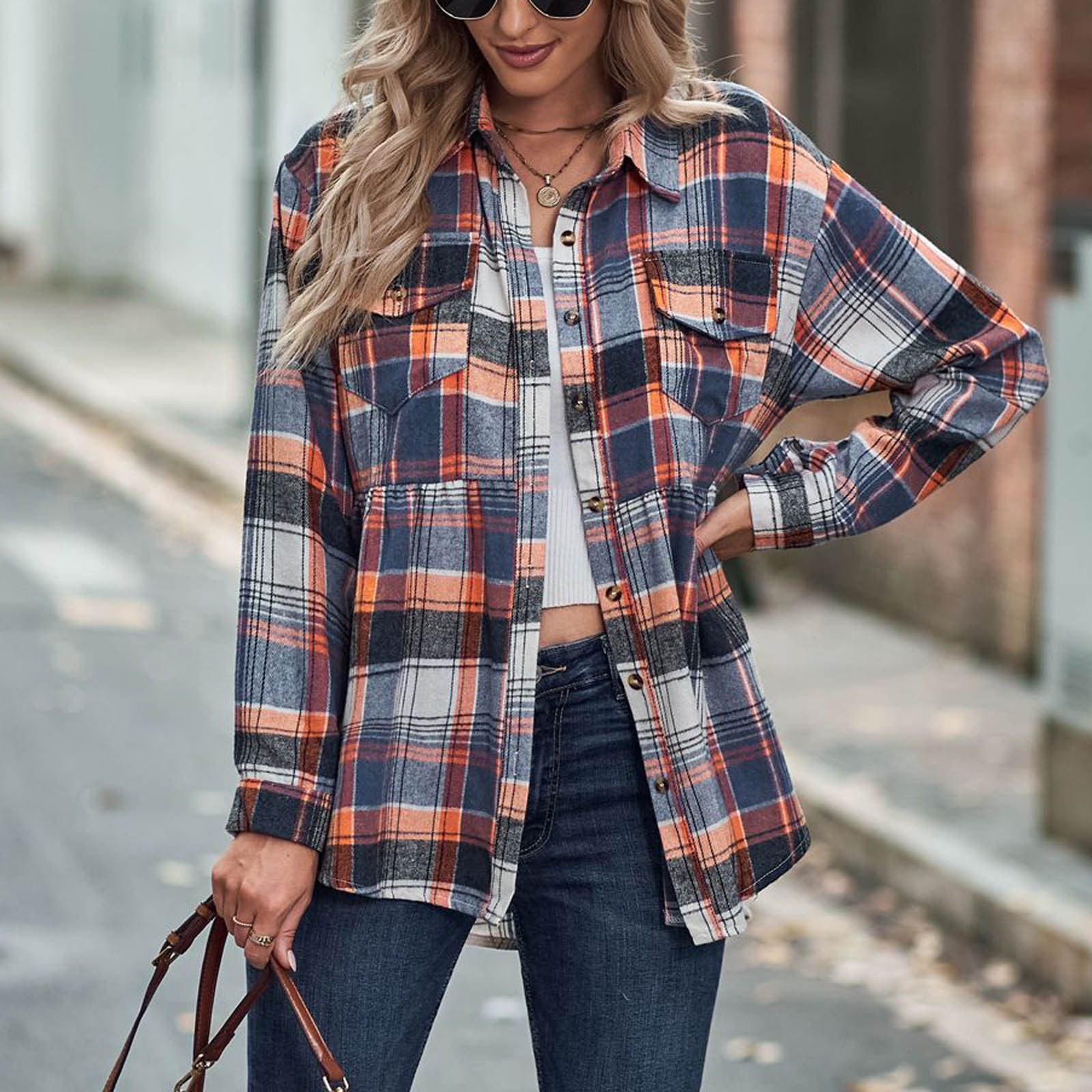 gbyLJF Womens Plaid Mid-Long Cardigan Oversized Lapel Roll Up Long Sleeve Tunic Tops with Pockets Fall Fashion 2023 Clothes