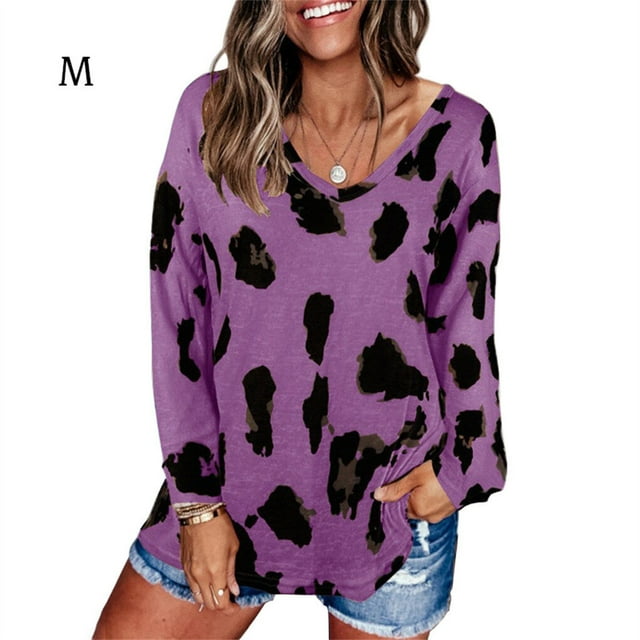 Haut pour Femme Blouse à Manches Longues Imprimée V Décontractée Col Imprimé Chandail Ample, Violet, m