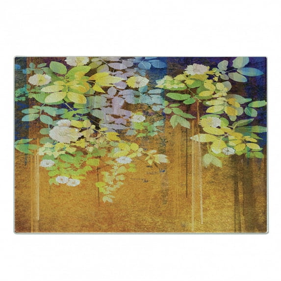 Watercolor Flower Cutting Board, Soft Colored Spring Flowers and Leaves on Misty Retro Backdrop Nature Art, Decorative Tempered Glass Cutting and Serving Board, Small Size, Multicolor, by Ambesonne