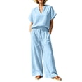 thumbnail image 2 of BRELIL Women Plus Size Two Piece Outfits V Neck Short Sleeve Tee Wide Leg Pants Casual Lounge Set Solid Boho Vacation Travel Loose Tracksuit, Sky Blue 3XL, 2 of 6