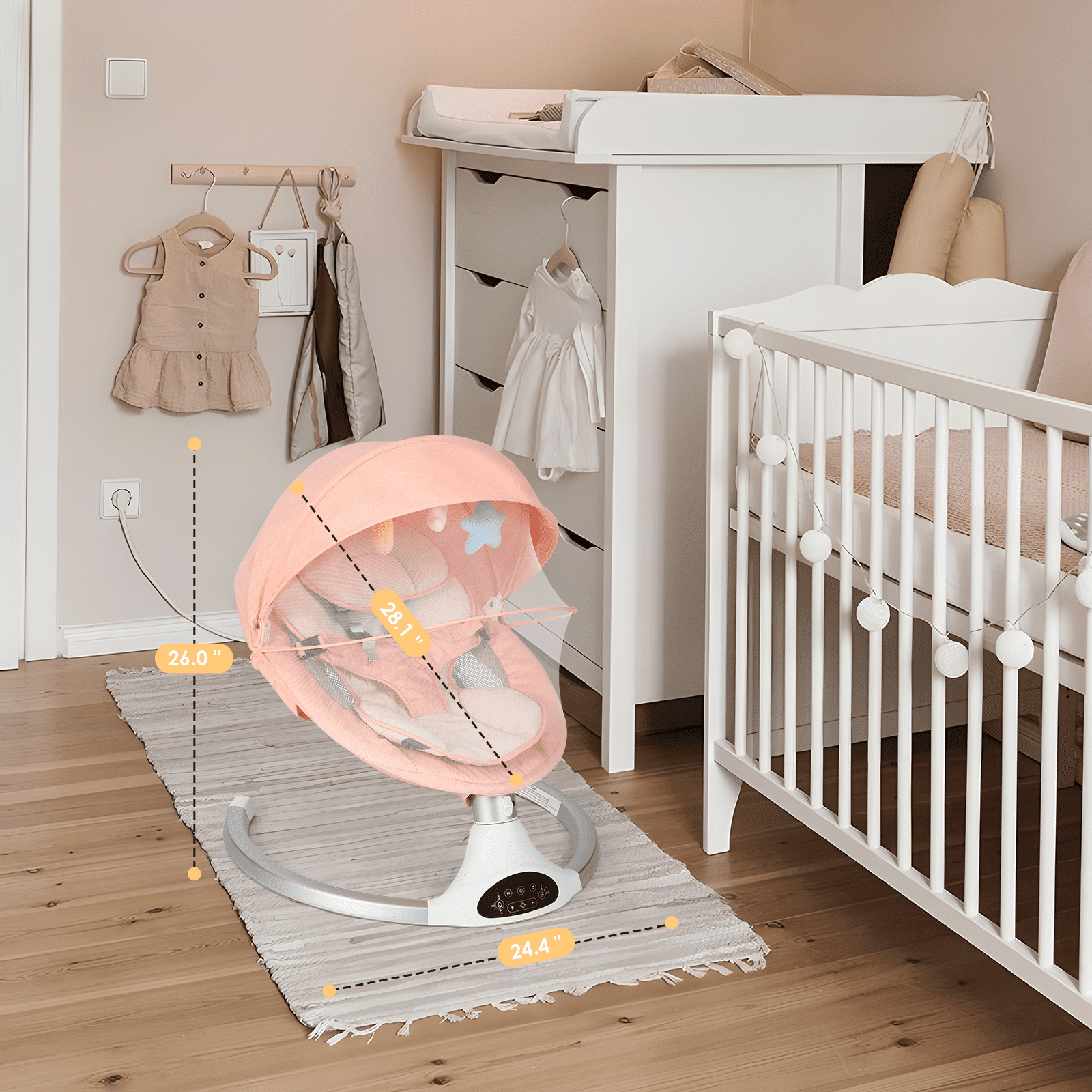 Baby Swing for Infants - Electric Indoor Baby Rocker with 3 Speeds and 10 Lullabies, Portable, Touch Screen and Remote Control,  Pink