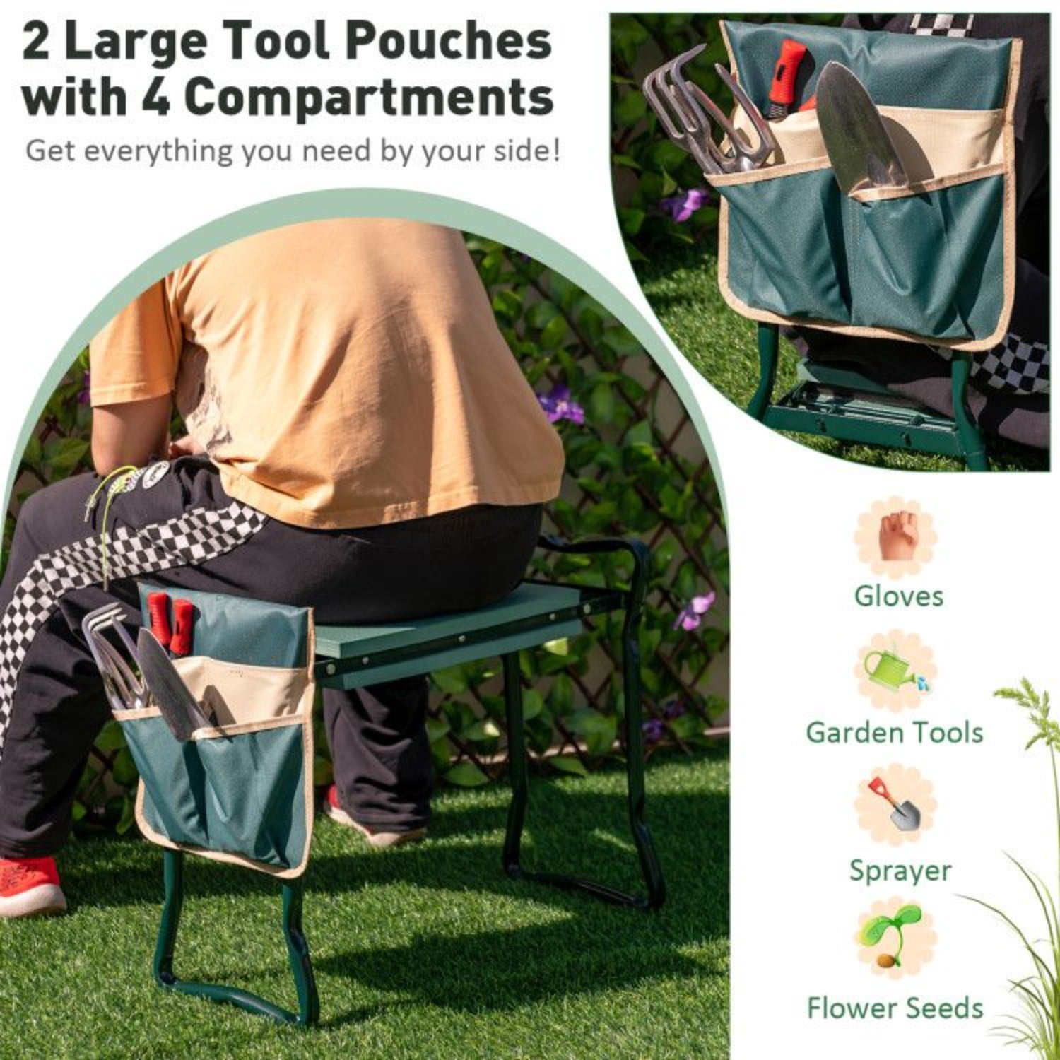 Folding Garden Kneeler and Seat Heavy Duty Gardening Bench with Soft Cushion and Tool Pouch